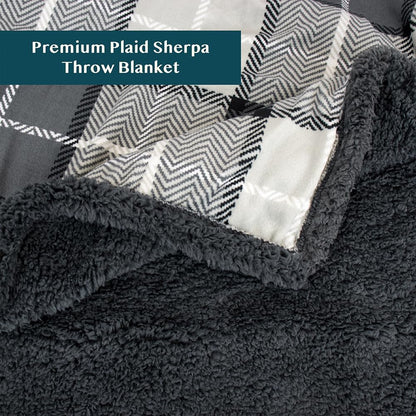 Dark Grey Plaid Sherpa Throw Blanket for Couch, Soft Plush Gray Flannel Blanket & Throws for Bed Sofa, Warm Cozy Winter Christmas Blanket, Reversible Fuzzy Decorative Fleece Gift Throw, 50X60