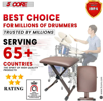 5 Core Keyboard Bench X-Style Brown/ Height Adjustable 16.3 to 19.6In/ Memory Foam Padded Cushion Piano Stool Bench Keyboard Chair for Keyboards Piano Artists- KBB 02 BR