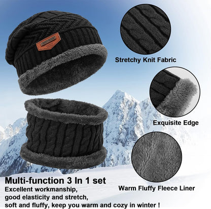 Winter Hat Scarf Gloves Set, Fleece Lined Slouchy Beanie Snow Knit Skull Cap Touchscreen Mittens Circle Scarves for Men Women