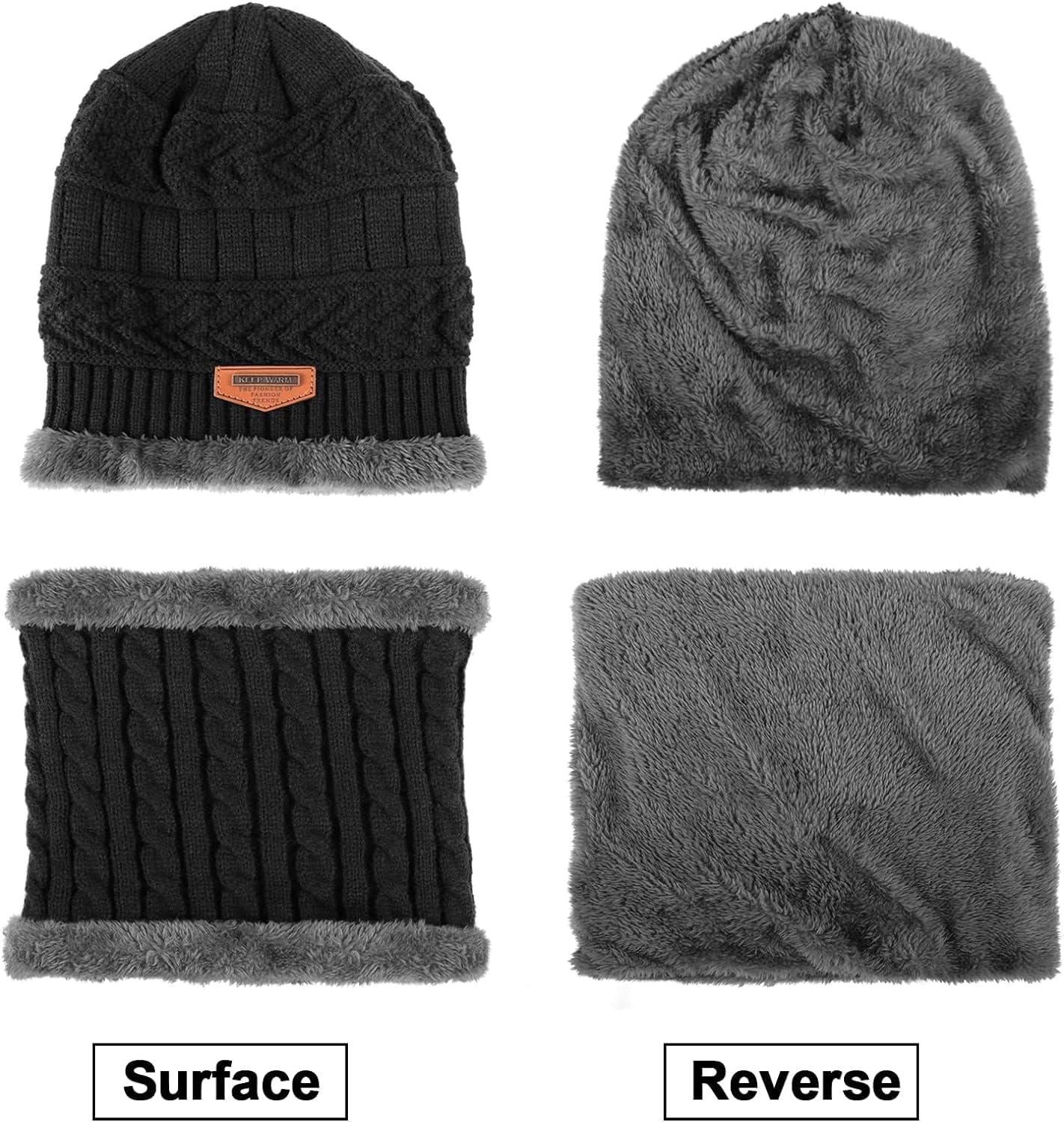 Winter Hat Scarf Gloves Set, Fleece Lined Slouchy Beanie Snow Knit Skull Cap Touchscreen Mittens Circle Scarves for Men Women